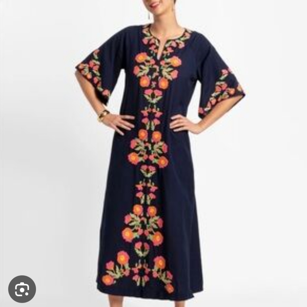 Frances Valentine Navy Dress with Pink and Orange Embroidery